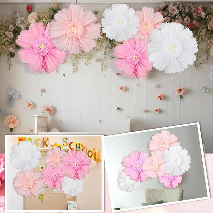 Giegxin 6 Pcs 31.5", 24" Pink, White Giant Paper Flower Large Tissue Paper Flower for Wall Big Pink Pom Pom Floral Decorations for Wedding Bridal Shower Baby Shower Tea Party Birthday Nursery Decor