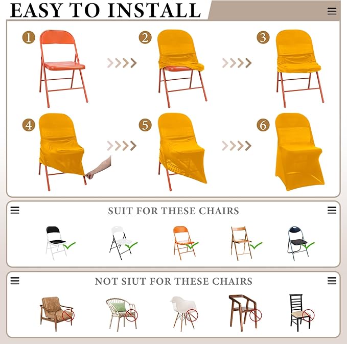 Newwiee 50 Pcs Spandex Chair Covers Bulk - Stretch Folding Flat Front Fitted Universal Chair Protector Pack Removable Washable for Wedding Party Dining Banquet Event (Gold)