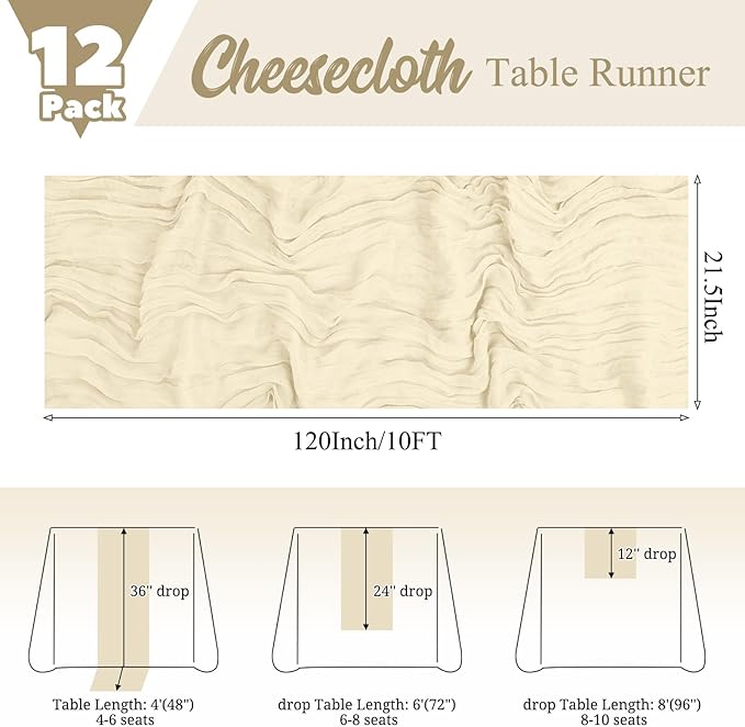 12 Pack Ivory Table Runner 10Ft Cheesecloth Table Runner Rustic Gauze Table Runners Romantic Long Cream Sheer Fabric Cheese Cloth Table Runners for Wedding Party Bridal Baby Shower