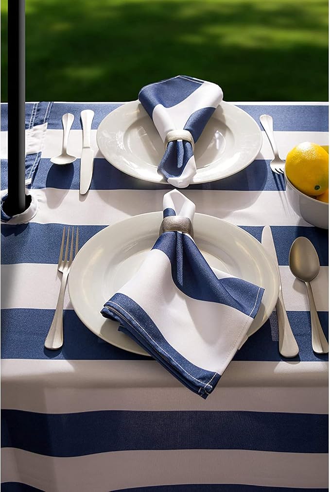 DII Cabana Stripe Outdoor Zippered Tabletop Collection, Stain/Wrinkle Resistant & Waterproof, 60" Round, Nautical Blue