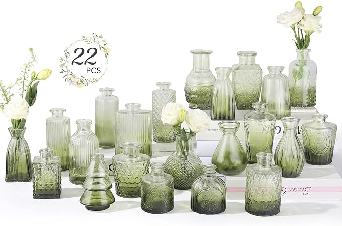 RUCKAE Glass Bud Vases Mini Flower Vase Small Vintage Vases for Centerpiece Table Wedding Decorations Home Decor Party(Gradient Green 22 Pack)