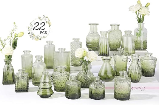 RUCKAE Glass Bud Vases Mini Flower Vase Small Vintage Vases for Centerpiece Table Wedding Decorations Home Decor Party(Gradient Green 22 Pack)