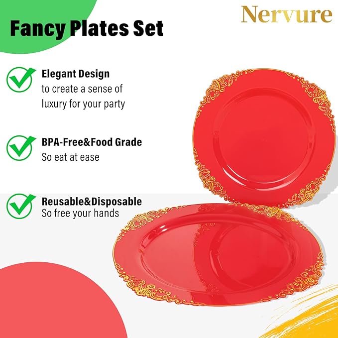 Nervure 100PCS Red and Gold Plastic Plates - 10.25inch Red Disposable Plates - Heavyweight Dinner Plate for Wedding & Party & Mothers Day