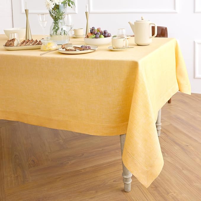 Solino Home Linen Tablecloth 60 x 132 Inch - 100% Pure Linen Chambray Mustard Yellow Table Cloth for Rectangular Tables - Athena, Machine Washable Cloth Tablecloth for Summer