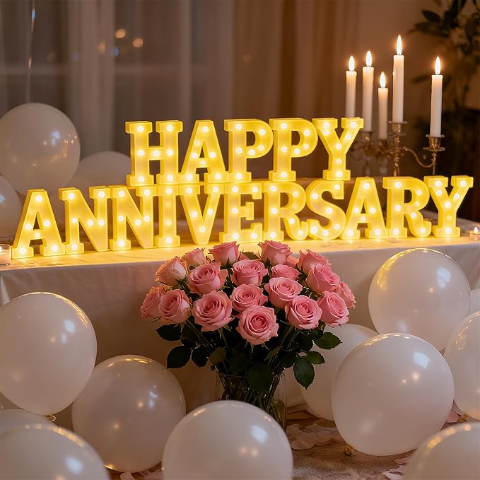 Honoson 16 Pcs Happy Anniversary Decoration Light up Letters Sign Wedding Anniversary Party Light LED Neon Table Decoration for Wedding Romantic Party Decor 32 (Aaa Batteries Are Required)