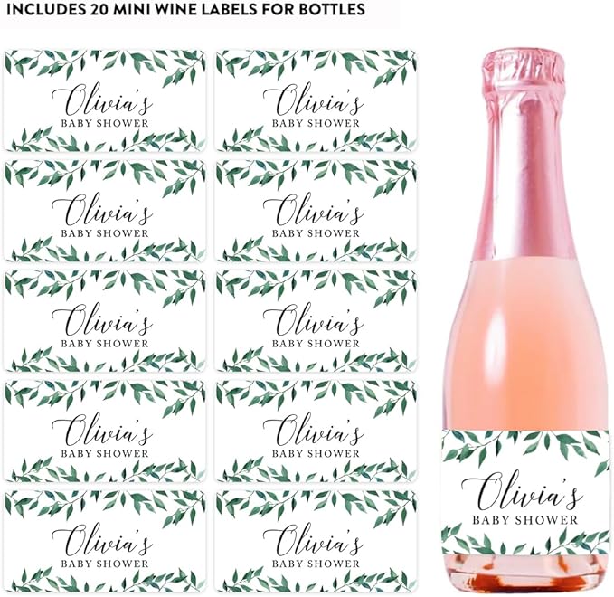 Andaz Press Personalized Mini Champagne Wine Bottle Labels, Olivia's Baby Shower, Date, Greenery Green Leaves, 20-Pack, Custom Mini Champagne Favor Gift Labels Stickers for Baby Shower