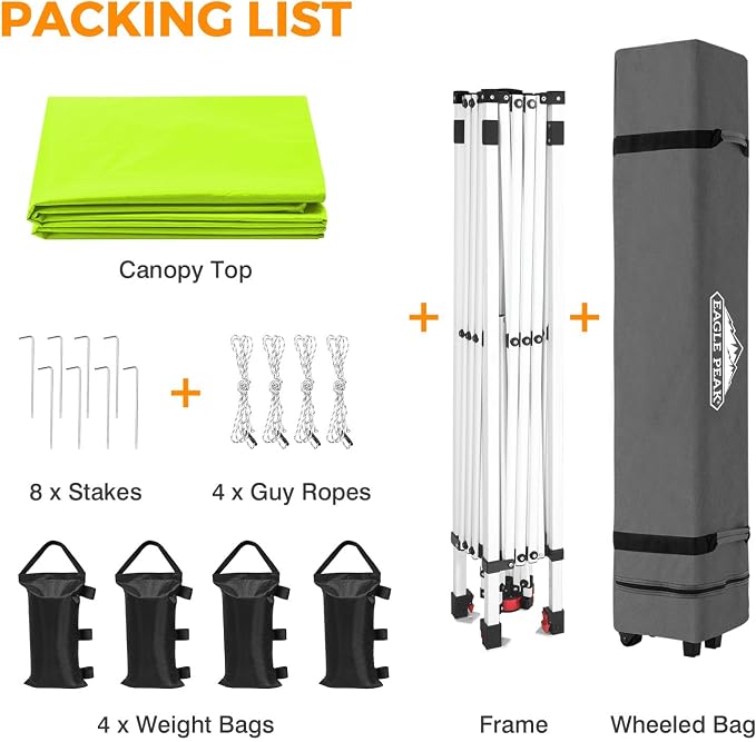 EAGLE PEAK Pop Up Canopy Tent with Wheeled Carry Bag, 8 Stakes, 4 Ropes, 4 Weight Bags, Easy Set Up Tent Canopy, 10x10 ft, 100sqft of Shade, Neon Green