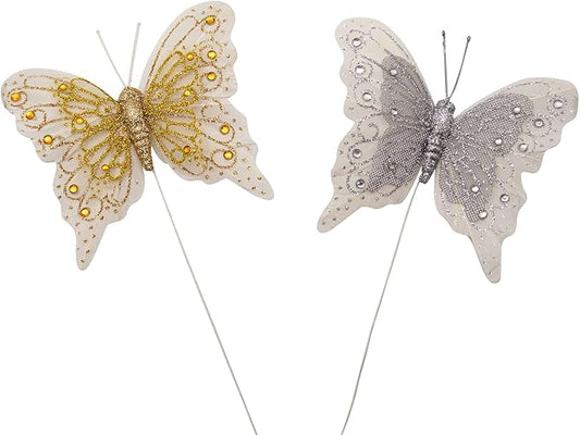 Set of 12 Glitter Monarch Feather Butterflies on Wire for Floral Arrangements and DIY Decorations (White/Gold-Silver)