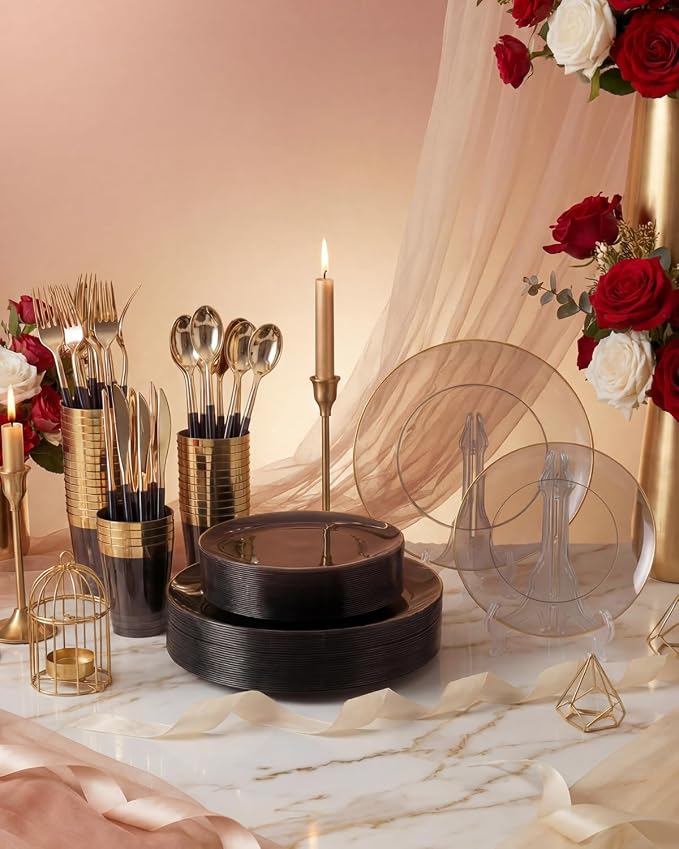 Supernal 180PCS Black and Gold Plastic Dinnerware Set for 30 Guests - Elegant Disposable Plates with Gold Plastic Silverware & Cups - Heavy Duty Party Supplies for Graduation, Wedding, and Anniversary