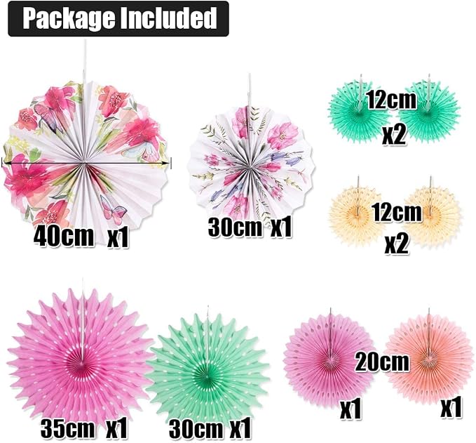 SUNBEAUTY Pack of 10 Paper Fans Decorations for Tea Party, Birthday, Baby Shower, Wedding, Spring; Paper Floral Backdrop Decor; Mint Green, Pink, White