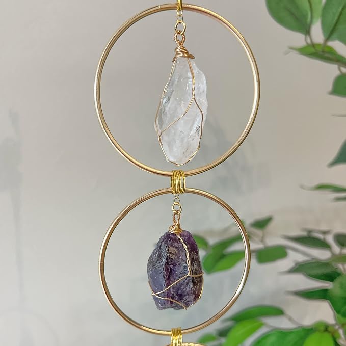 7 Chakra Crystal Hanging Ornament, Unique, Spiritual Boho Wall Decor, Raw Chakra Stones Amethyst Suncatcher, Rose Quartz Healing Crystal (Gold)