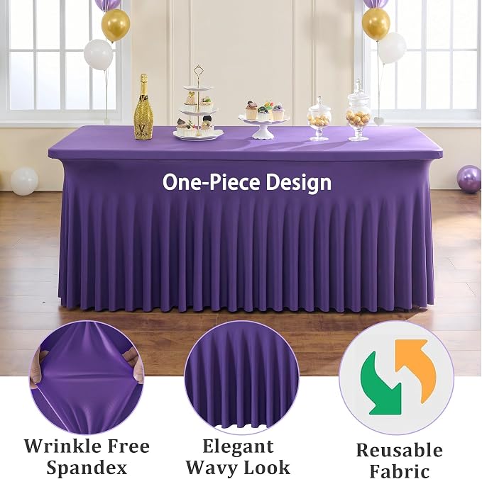 6 Pack Purple Spandex Tablecloths for 6 Foot Rectangle Tables, Wrinkle Free Stretchy Table Cloths 6ft Fitted Table Cover DeskSkirt for Weddings Birthday Party Banquet Baby Shower