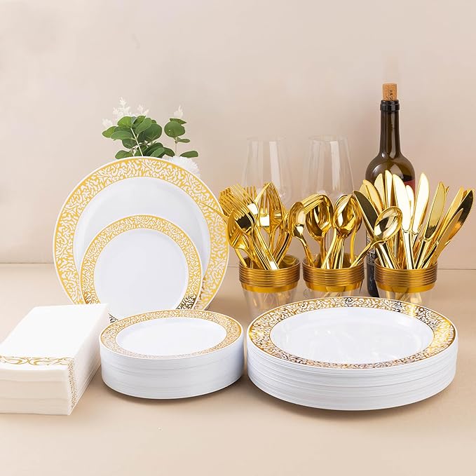 Bestluck 350PCS Gold Plastic Dinnerware Set for 50 Guests, Disposable Plates for Party, Wedding and Dinner, Include 50 Dinner Plates, 50 Dessert Plates, 50 Set Silverware, 50 Cups, 50 Napkins