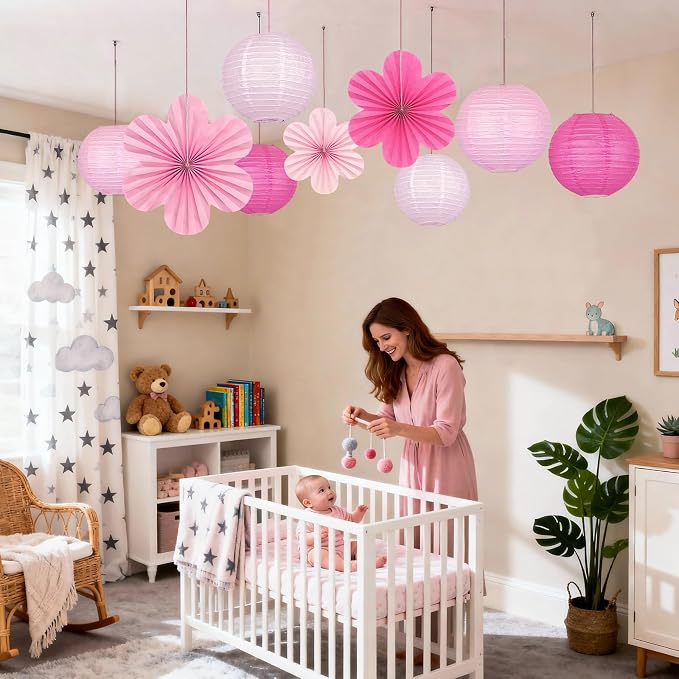 Pink Party Decorations, 18Pcs Hot Pink Paper Lanterns & Flower Fans Set | 8"-14" layered hanging decor for girls birthdays, bridal showers, baby showers, weddings, and girls night parties