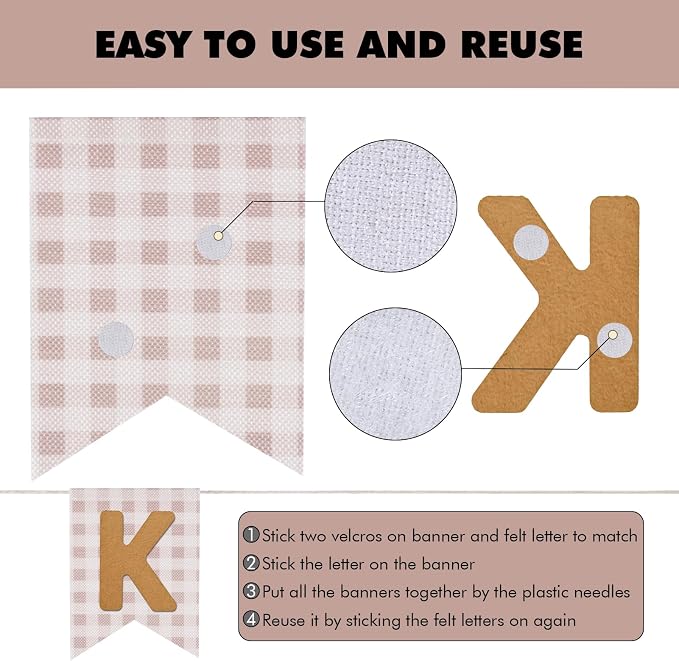 Custom Banner Kit - DIY Burlap Banner with 92 Felt Letters - Personalized for Birthday, Wedding & Party Decorations (beige gingham+beige letter)