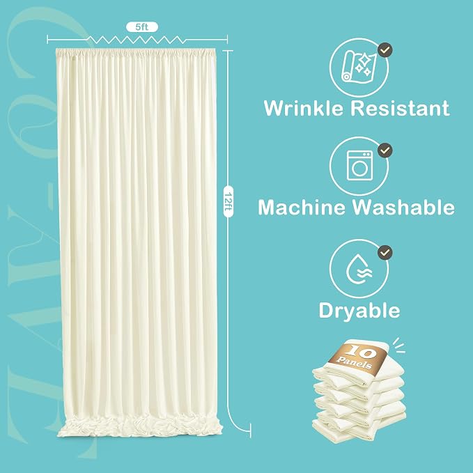 50ft x 12ft Wrinkle Free Ivory Backdrop Curtains for Parties, 10 Panels Silky 12FT Long Photo Backdrop Drapes Back Drop Cloth for Wedding Birthday Photography Background Decor
