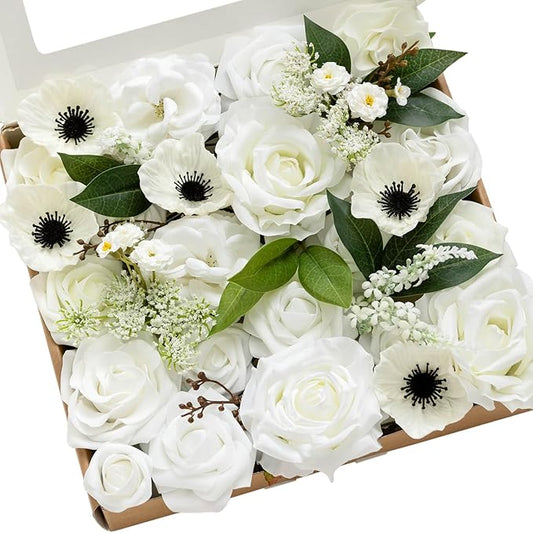 Ling's moment Fake Flowers Box, Faux Artificial Greenery Stems Foam Roses Poppy Silk Leaves Fabic Flower for Centerpieces Bouquet Wedding Vase Floral Decorations, White & Dark Green, Grand Combo