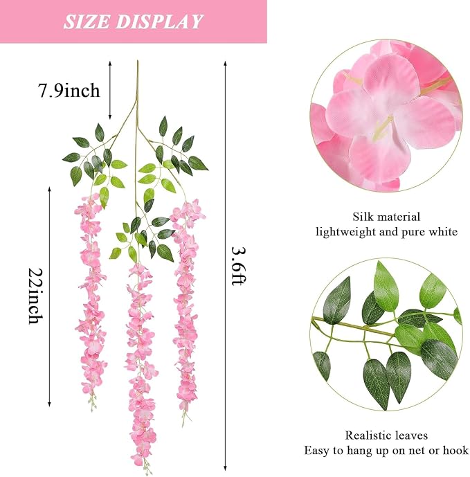Pauwer 24 Pack 3.6 Feet/Piece Artificial Fake Wisteria Vine Ratta Hanging Garland Silk Flowers Home Party Wedding Decor (Pink, 24PCS)