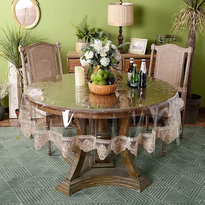 ARTABLE Vinyl PVC Rectangle Tablecloth Waterproof Clear Table Cover with Champagne Lace Macrame Border for Wedding Kitchen Home Outdoor Indoor Holidays Party Decor (Champagne, 70'' (Round))