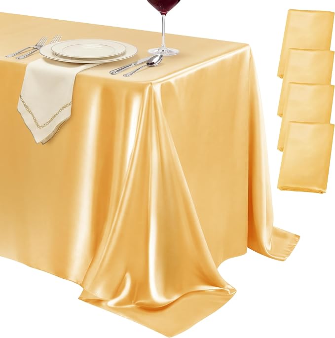 4 Pack Gold Satin Tablecloth 58 x 102 Inches, Rectangular Satin Table Cloths for Wedding Reception, Birthday Party, Graduation & Holiday Banquet Tables