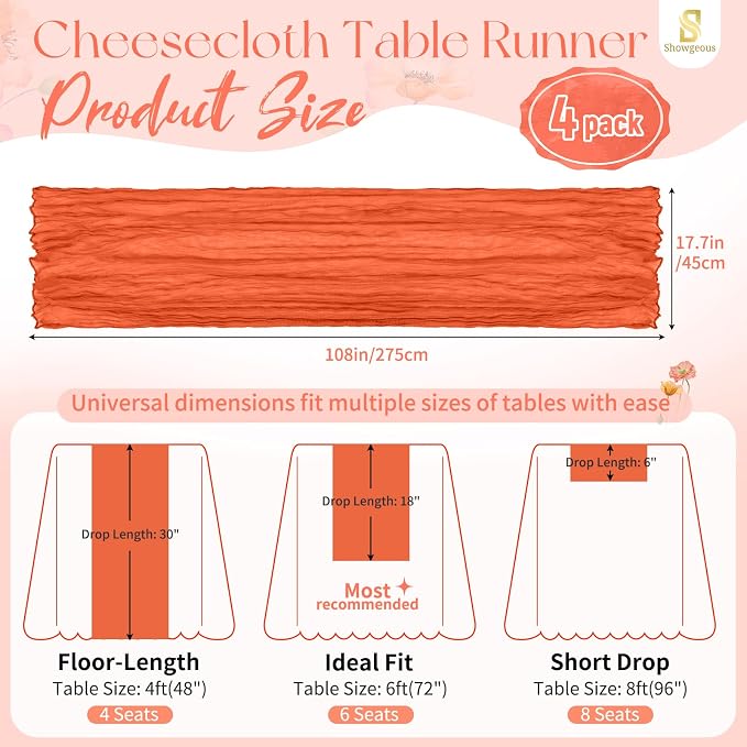 4 Pack Orange Cheesecloth Table Runner 17 x 108 inch Boho Gauze Table Runner Rustic Sheer Cheese Cloth Table Decorations for Wedding Party Baby Bridal Shower Birthday Holiday Home