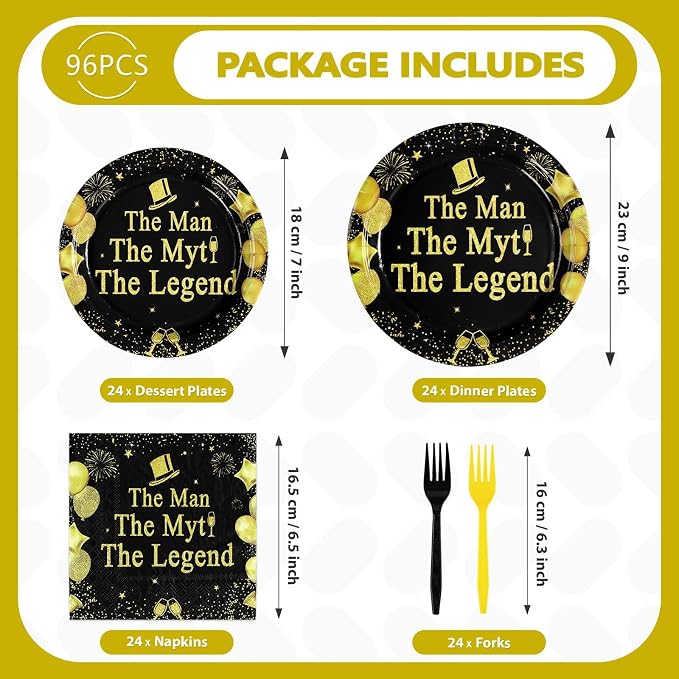 96 Pcs The Man The Myth The Legend Party Decorations Mens Birthday Plates and Napkins Disposable Black and Gold Tableware Set for Fathers Day Birthday Retirement Party Supplies Serves 24