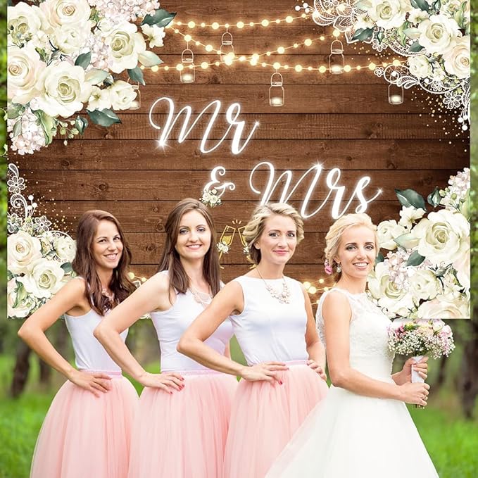 MEHOFOND 10x7ft White Floral Mr & Mrs Engagement Decorations Backdrop Couples Wedding Wooden Background Bride and Groom Engaged Ceremony Anniversary Bridal Shower Party Supplies Photobooth Props