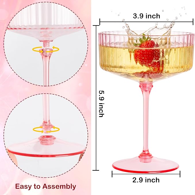 LIYH 20pcs Pink Martini Glasses 10 Oz Martini Glasses Plastic Disposable Pink Coupe Glasses Plastic Champagne Tower Disposable Martini Cups Perfect for Any Party,Bar,Cocktail,Beverage,Party