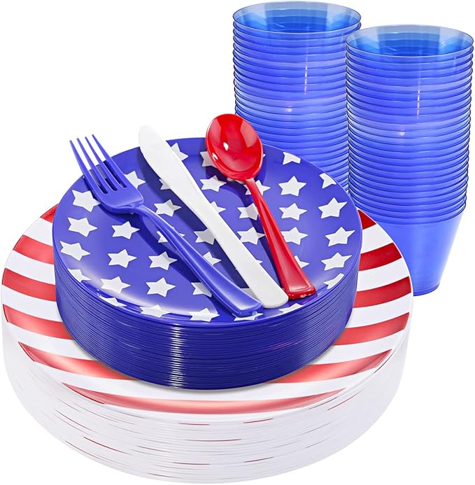 KIRE 150PCS 4th of July Plates & Red White Blue Disposable Plastic Silverware &Clear Blue Cups-American Flag Patriotic Party Supplies for Memorial Day/Independence Day/Veterans Day