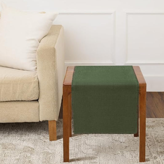 Solino Home Fringe Linen Table Runner 36 Inches - 100% Pure Linen Desert Green Table Runner 14 x 36 Inch Ideal for Dresser and Coffee Tables