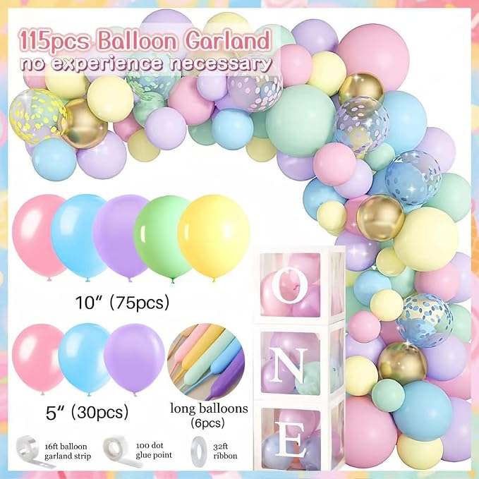 Daidle 1st Birthday Decorations for Girl, 128pcs Sweet One Birthday Party Decorations, Balloon Boxes, Party Backdrop, Photo Banner, Donuts Ice Cream Candy Balloons Garland