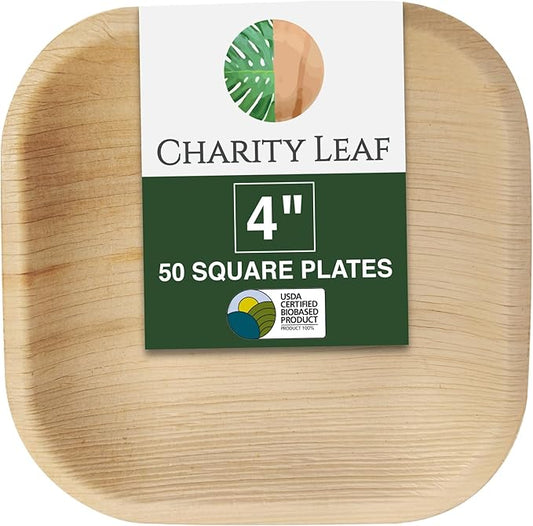 Charity Leaf Disposable Palm Leaf 4" Square Plates (50 pieces) Bamboo Like Serving Platters, Disposable Boards, Eco-Friendly Dinnerware For Weddings, Catering, Events