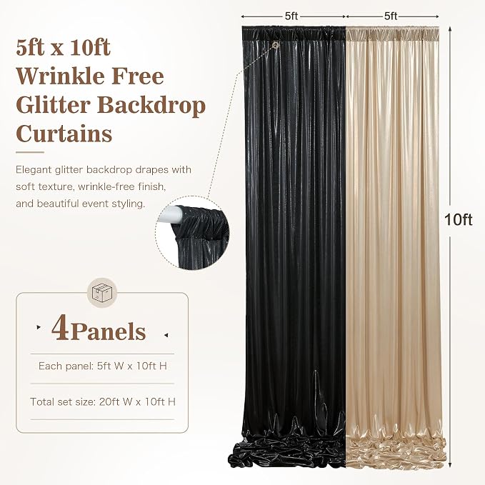 20ft x 10ft Champagne Black Sequin Backdrop Curtain for Parties, Wrinkle Free Glitter Photo Backdrop Drapes 4 Panels 5x10ft Back Drop Cloth for Wedding Photography Background