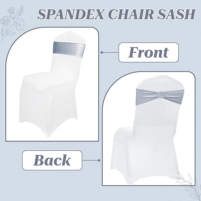 MDS Pack of 50 Spandex Foil Chair Sashes Bow Universal fits Elastic Stretch Chair Bands Ties with Buckle for Wedding Lycra Slider Bow - Metallic/zari/Sparkle Silver