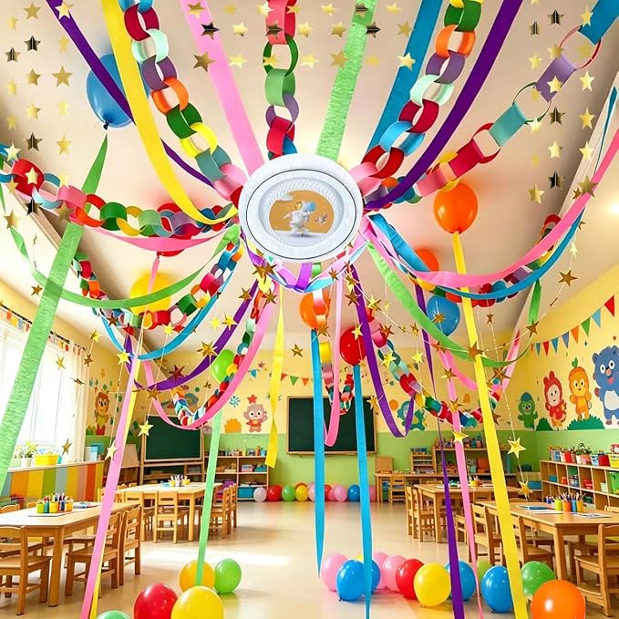 Rainbow Paper Chain Garland Party Decorations Include 400 Sheet Paper Chain Strips,492ft Crepe Paper Streamers,52ft Star Strips Hanging,24 Balloons for Kid's Birthday Wedding Party Supplies