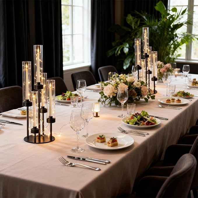 5-Arm Black Metal Table Candelabra Centerpiece, 22" Tall Clear Candlesticks Holder with Shade for Valentines Day Events Party Table Centerpiece,Fit LED Candles (4, Black, S-22in)