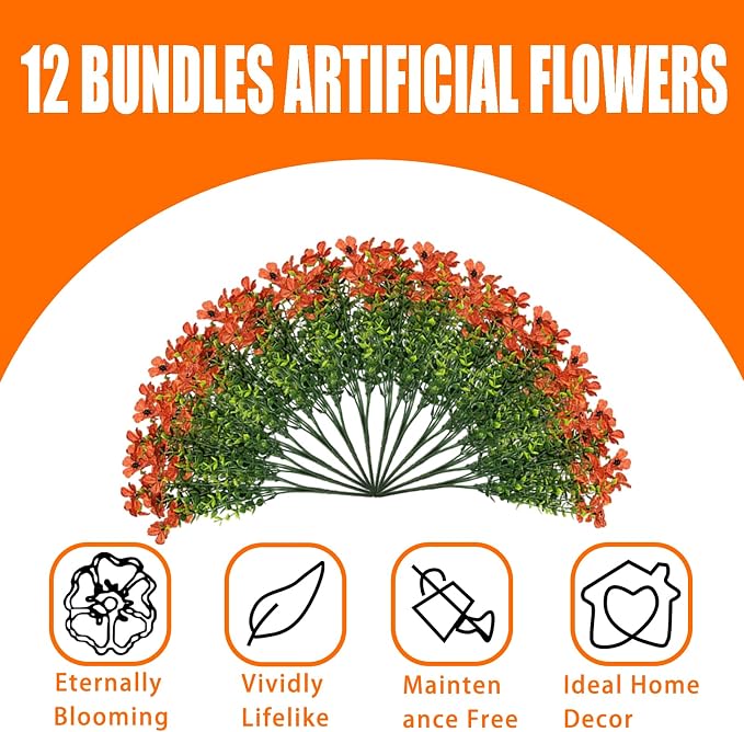 12 Bundles Artificial Flowers for Spring Summer Outdoor Decoration Fake Flowers uv Resistant Artificial Outside Flowers Faux Greenery for Porch Garden Home Patio Valentine's Day Decor (Orange)