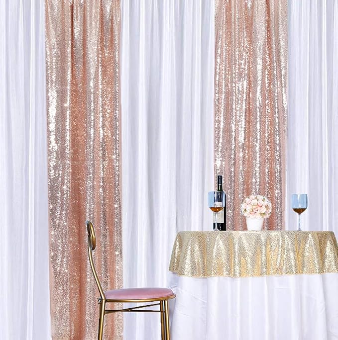 SquarePie 2 PCS 2x8ft Rose Gold Sequin Backdrop Curtains, Satin-Backed Shimmering Photo Booth Background, 2 Panels Narrow Real Sequin Drapes with 4" Rod Pocket for Party, Baby Shower, Doorway Decor