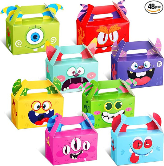 Skyygemm 48 Pcs Treat Boxes Colorful Paper Cookie Candy Snack Goodie Boxes with Handle Monster Party Favor for Birthday Back to School Party Supplies