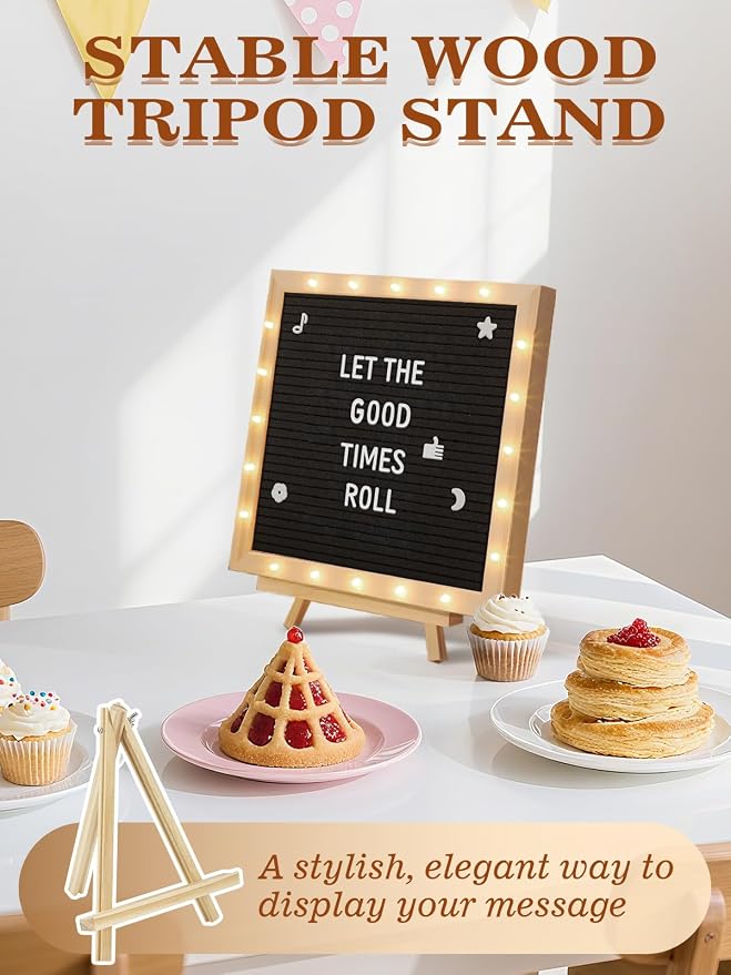 Changeable Felt Letter Board with LED Lights - 10×10" Message Custom Signs & Wood Stand& 450 Letters, Poster Board for Baby/Pregnancy Announcement/Classroom Wall Decor Gifts First Day of School, Black