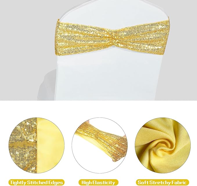 Poise3EHome Set of 50 Stretch Sequin Chair Sashes Bands Gold One-Sided Sequins Decorative Bows for Wedding Party Event Chair Covers
