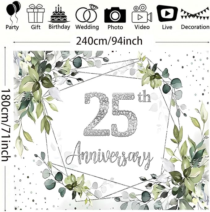 Silver Wedding 25th Anniversary Decorations Backdrop Watercolor Eucalyptus Leaves Sparkling Diamond 25th Background Couple Wedding Engagement Banner (A, 8X6FT)