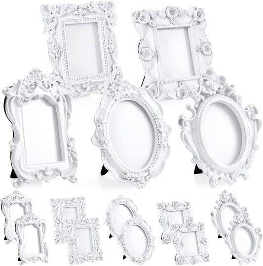 Maitys 15 Pcs Mini Picture Vintage Frames with Stands Tiny Antique Photo Baroque Ornate Resin Oval Frame Table Top Display Home Wedding Decor (White)