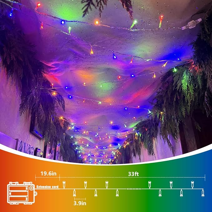QITONG 2 Pack Battery Operated String Lights, Each 33ft 100 LED Multicolor Christmas Lights Outdoor Waterproof, 8 Modes Clear Wire Twinkle Fairy Lights Indoor with Remote