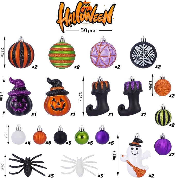 50Pcs Halloween Hanging Ball Ornaments, Ornaments Tree Decorations, Shatterproof Plastic Balls for Cute Holiday Party Indoor Home Decor (50Pcs)