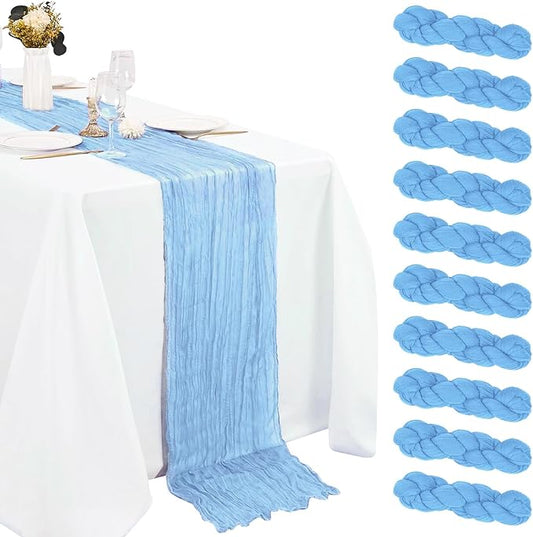 10 Pack Baby Blue Cheesecloth Table Runner 10FT Boho Gauze Fabric Cheese Cloth Table Runners for Wedding ,Party,Baby Shower, Bridal Party, Rustic Farmhouse and Table Decorations