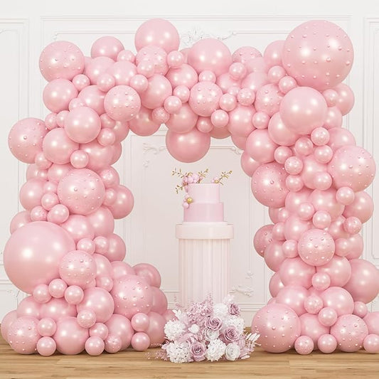 Double Stuffed Pearl Pink Balloons Different Sizes 116Pcs 5/10/12/18 Inch Light Pink Pearl Balloons Arch Garland Kit with Pearl Stickers for Wedding Bridal Shower Birthday Baby Shower Party
