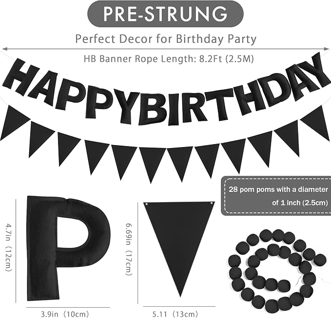 CANREVEL Pre-Strung 3D Rainbow Happy Birthday Banner, 3 PCS Happy Birthday Felt Sign, Pom Pom Garland, Triangle Fabric Bunting, Colorful Reusable Birthday Decorations for Women Men Girls Boys, Black