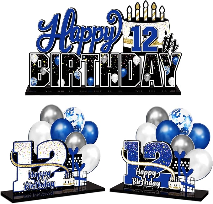 LINGTEER Happy 12th Birthday Blue Acrylic Table Topper Centerpieces Set - Cheers to Twelve Years Old Birthday 12th Bday Party Gift Decorations.