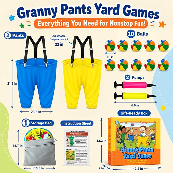 Granny Pants Yard Game for Adults and Kids, Big Pants Ball Catch Game with 2 Giant Pants, Balls, Pumps & Storage Bag, Outdoor Tossing Games for Birthday Party, Backyard Party, Family Reunion